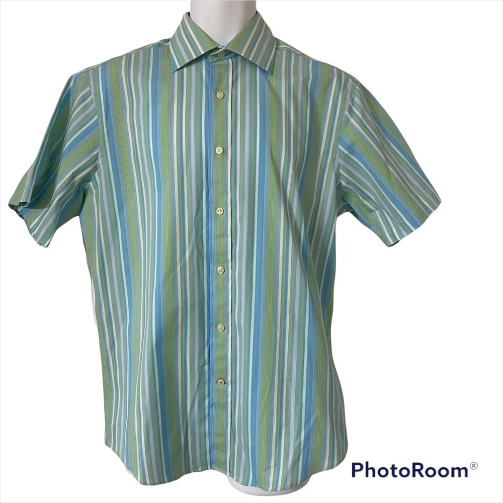 Nyne Men's Shirt Medium Stripes Blue Green White Coolmax Poplin